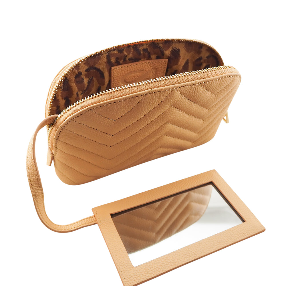 Soft all leather cosmetic case with mirror