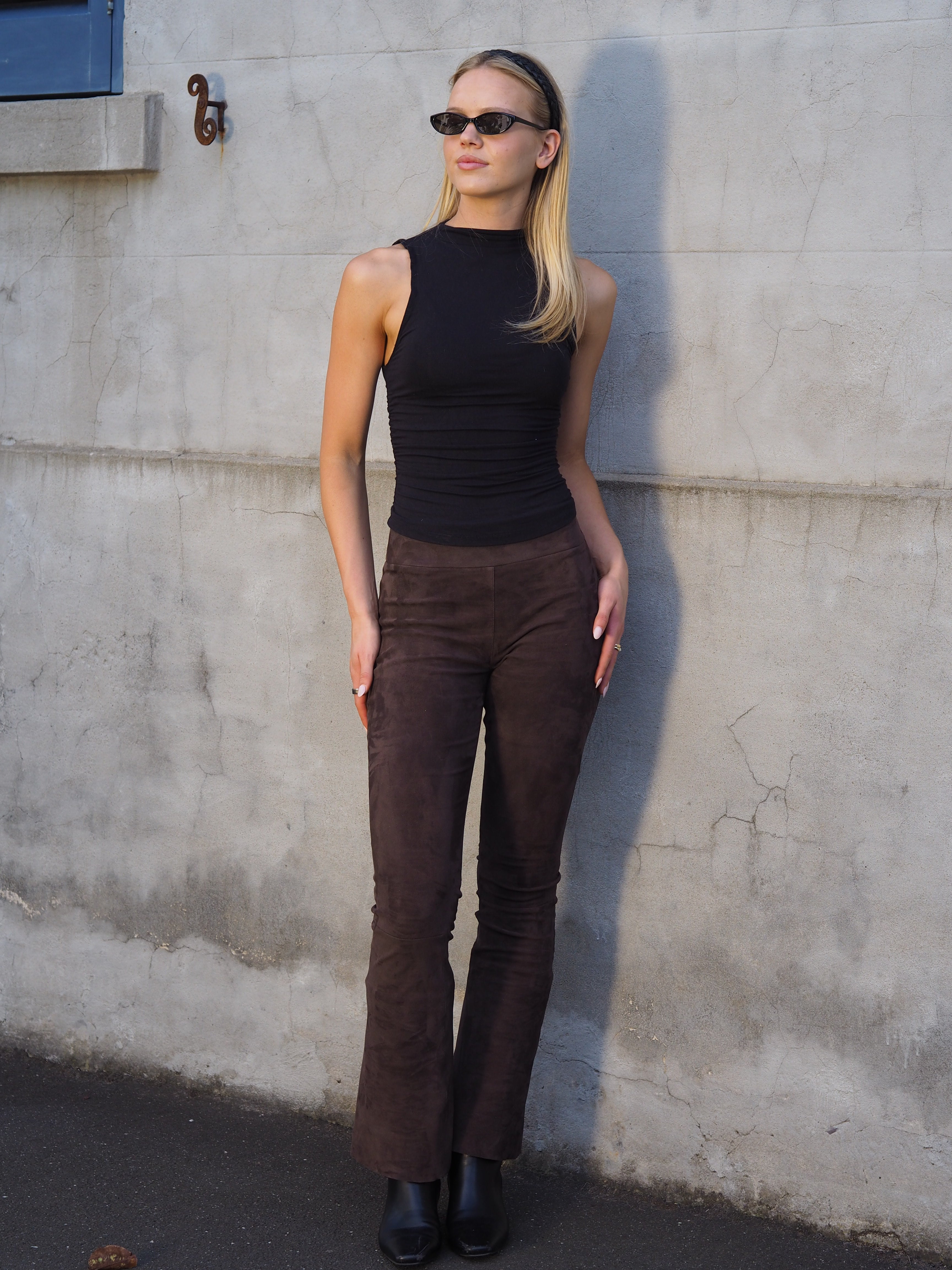Cadelle stretch suede chocolate bootleg pant