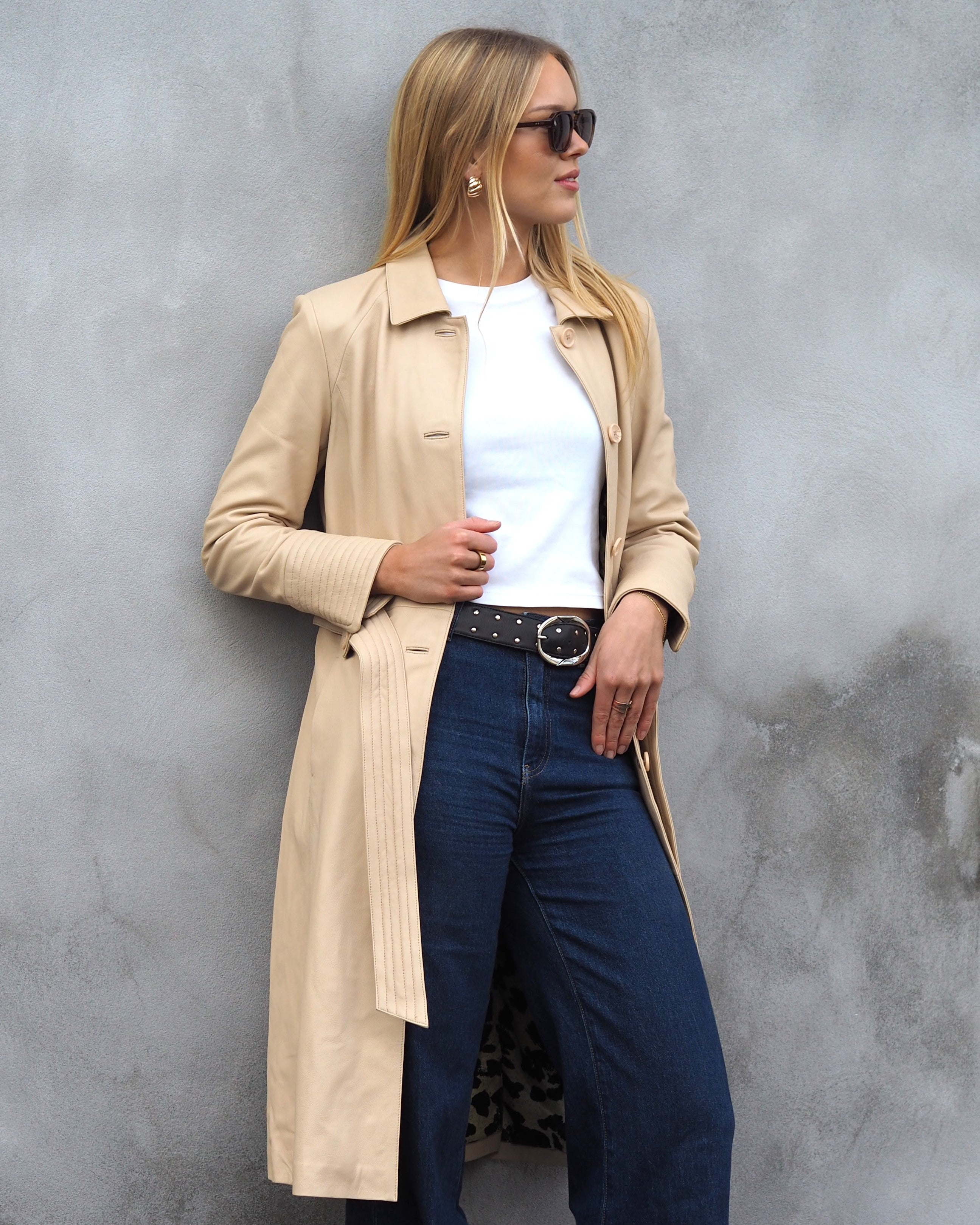 Beige leather trench with belt