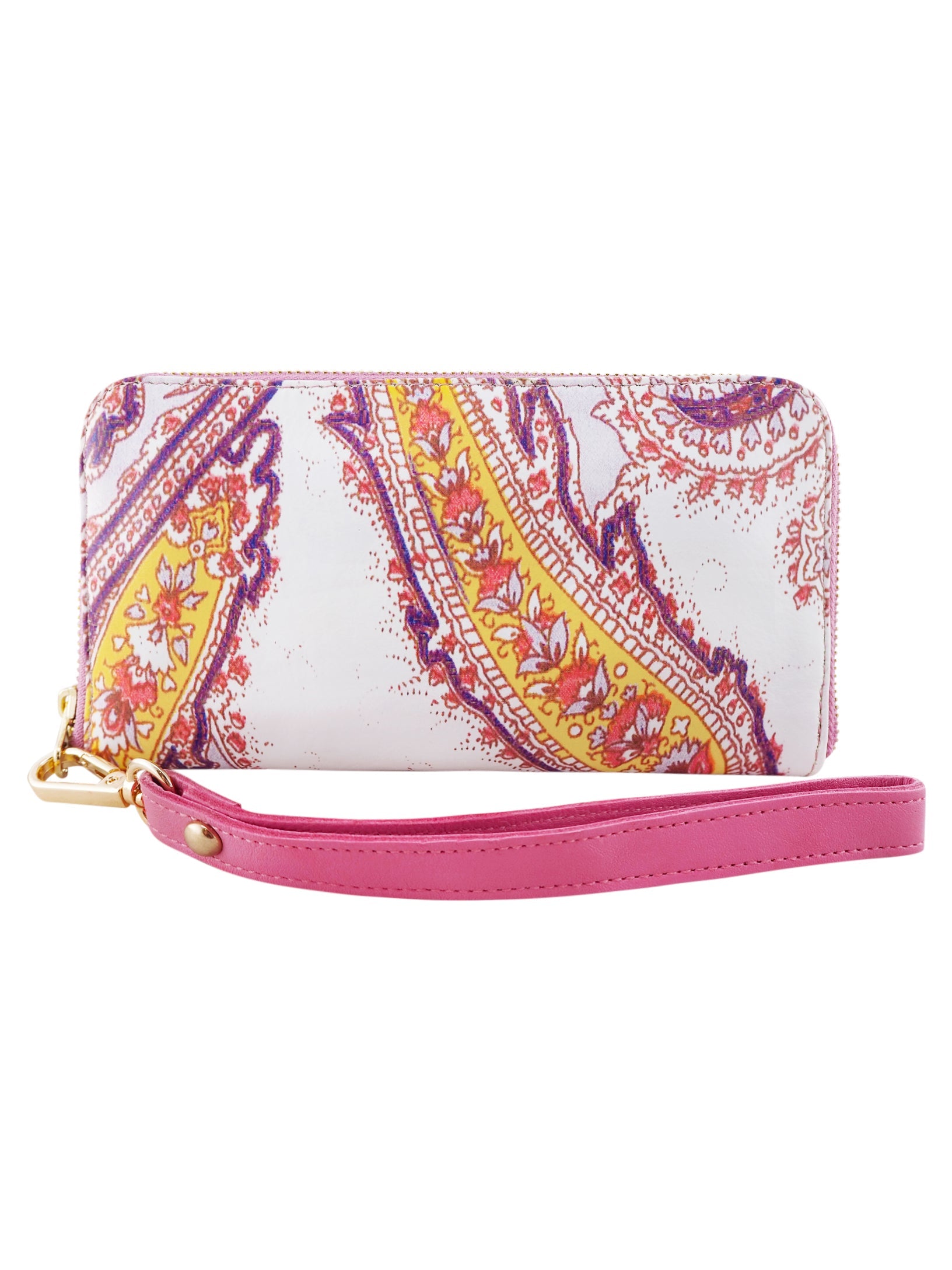 Paisley printed leather wallet with pink strap