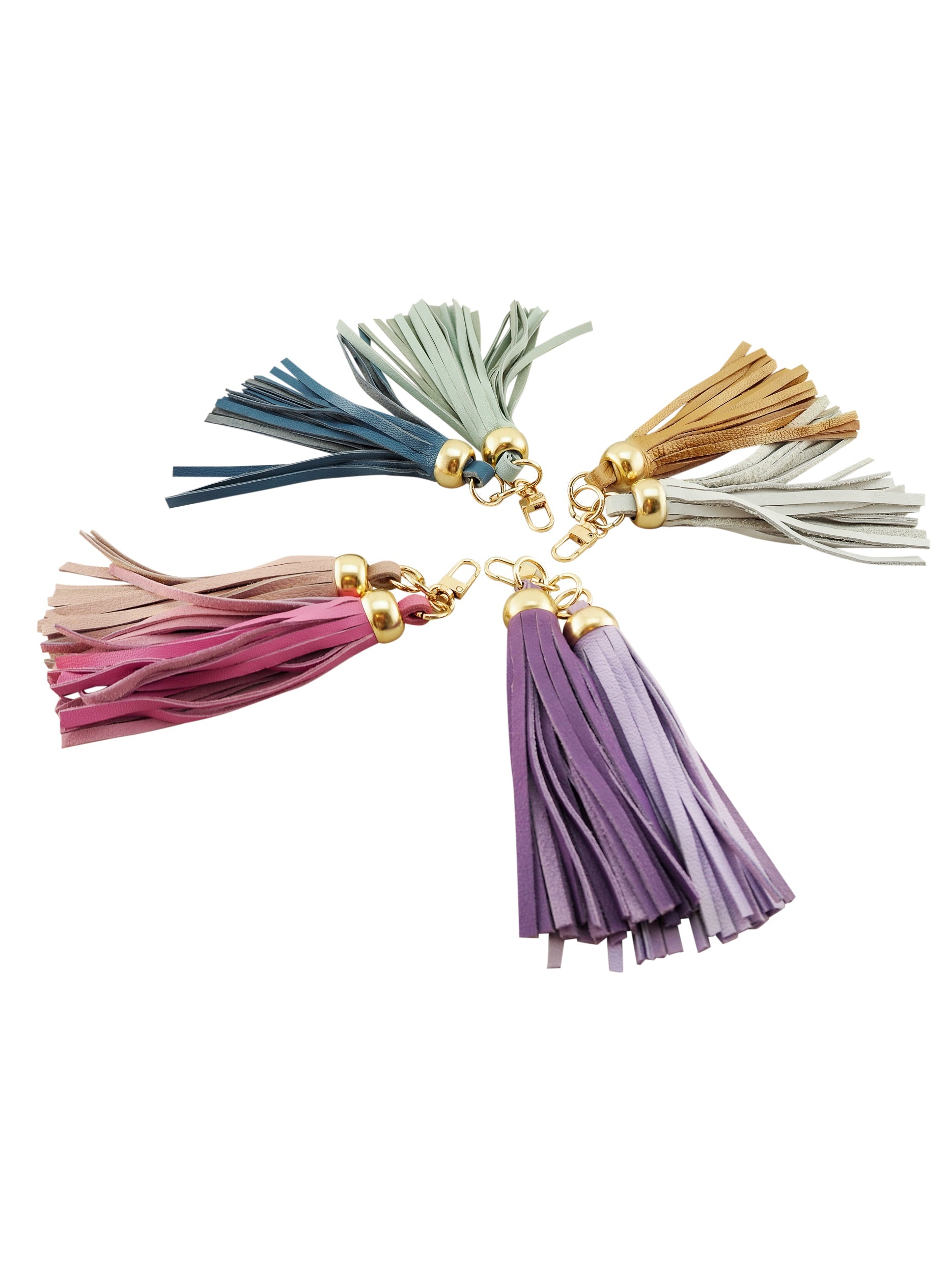 Leather tassels in bright colors with gold clips