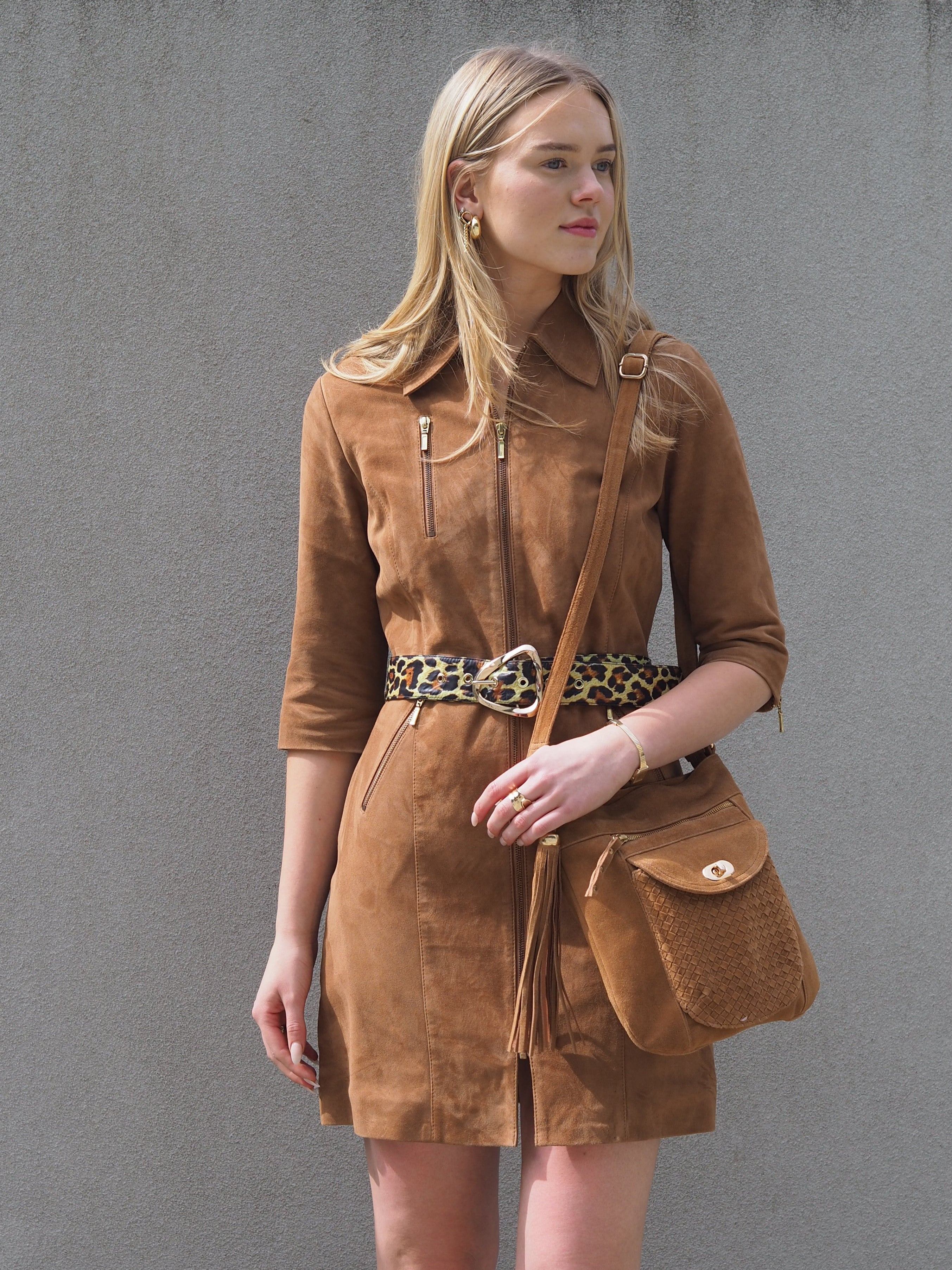 Tan suede zip through dress