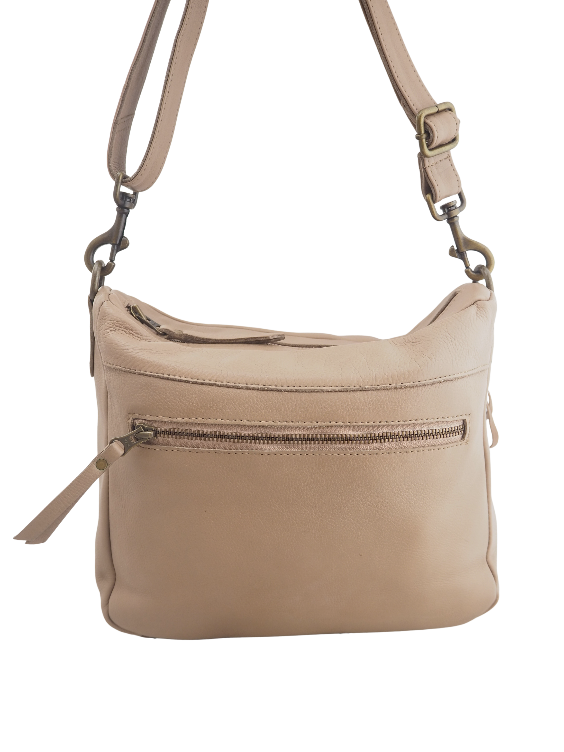 Mocha leather handbag back view with zip pocket