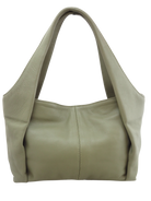 Front view of olive leather handbag with double handles
