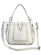 Cadelle Mila white leather tote bag with stitch and stud detail front view
