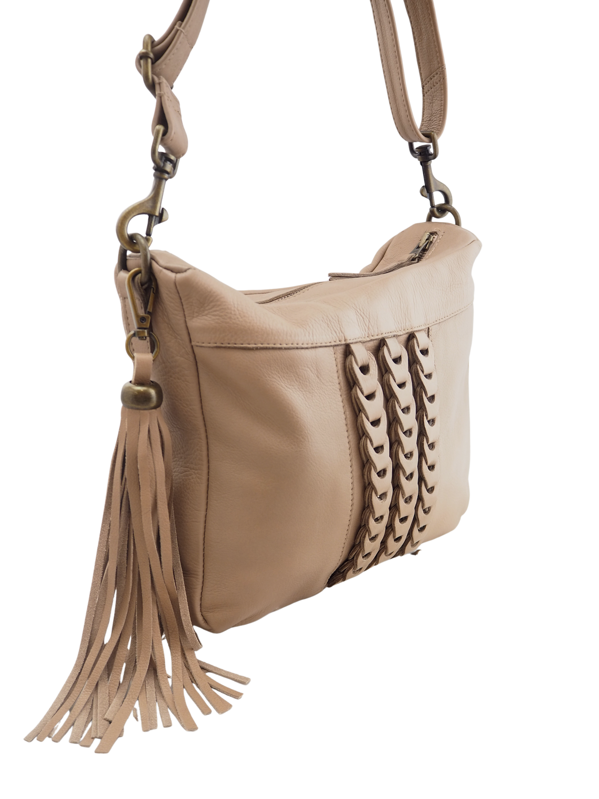 Mocha leather handbag side view