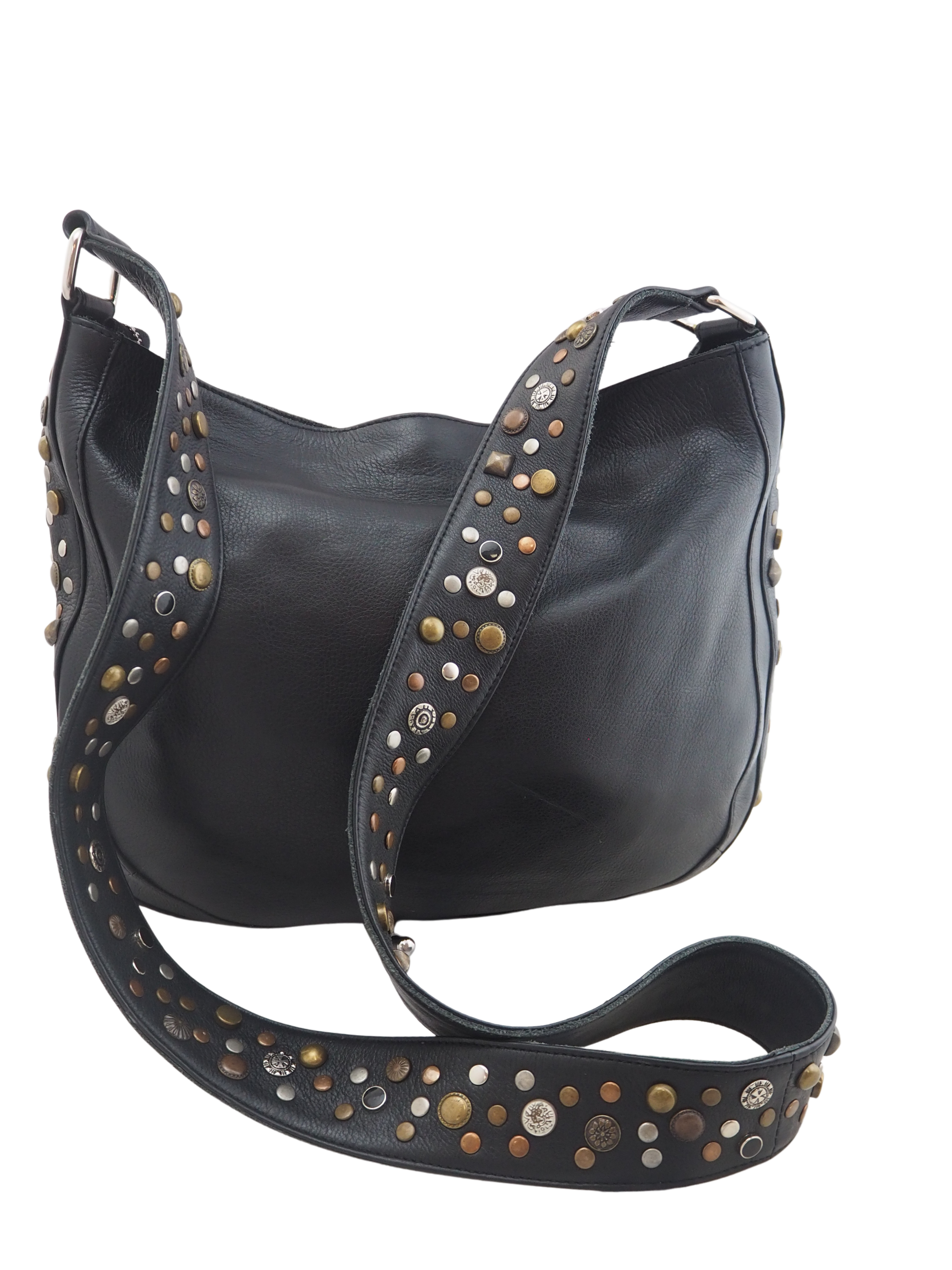 Black leather handbag with studded detail on the side and strap
