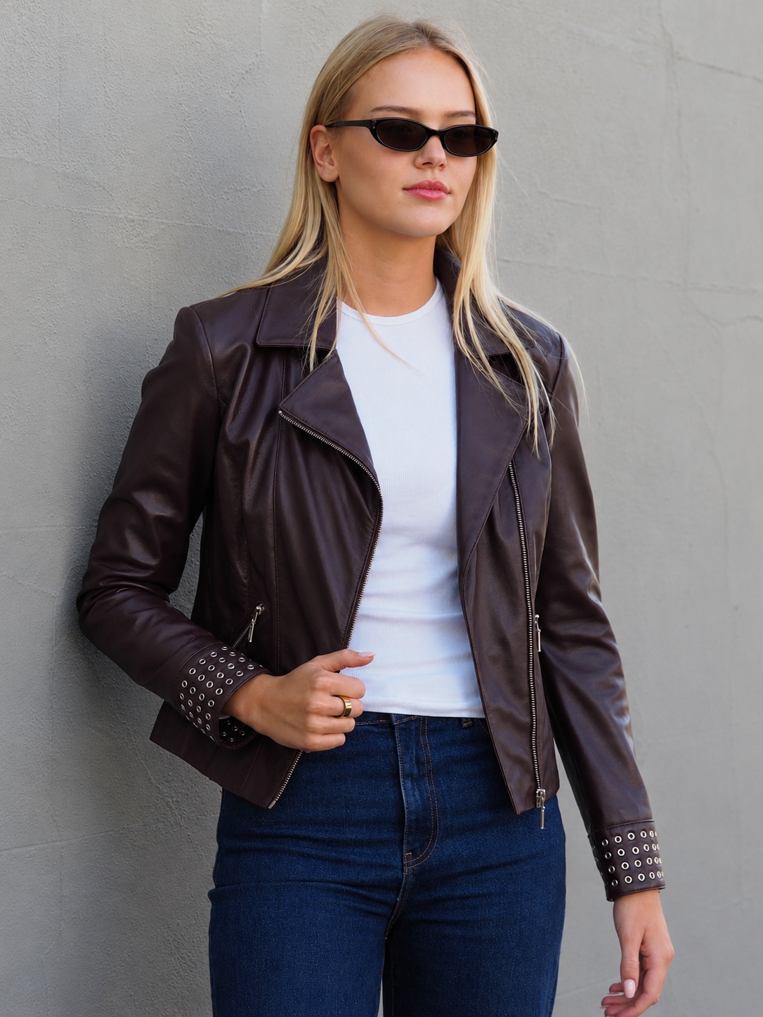 Anita leather biker in chocolate berry with eyelet detail on cuffs