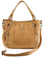 Cadelle Mila camel leather tote bag with stitch and stud detail front view