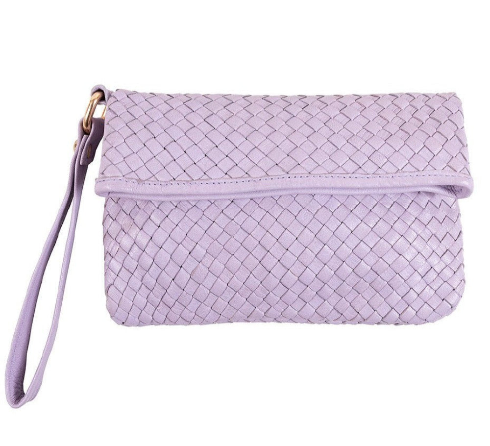 Cadelle Luna lilac woven leather clutch with detachable wrist strap front view