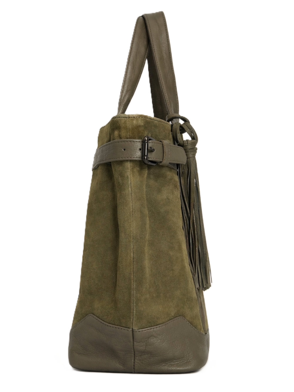 Side view of olive leather and suede shopper