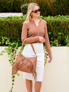 Cadelle patty cognac leather tote with fringing and silver stud detailing