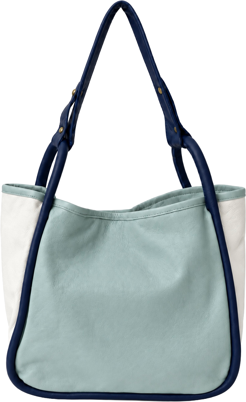 Cadelle Carla leaether color blocked shoulder bag with a pale blue front, white side panels and navy blue trim