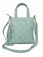 Cadelle Carter pale blue woven leather handbag with top handles, a detachable shoulder strap, and a matching tassel charm