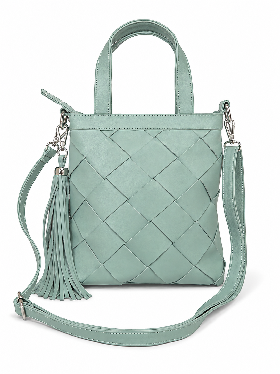 Cadelle Carter pale blue woven leather handbag with top handles, a detachable shoulder strap, and a matching tassel charm