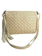 Cadelle Diane cream leather crossbody bag with woven front detail front view