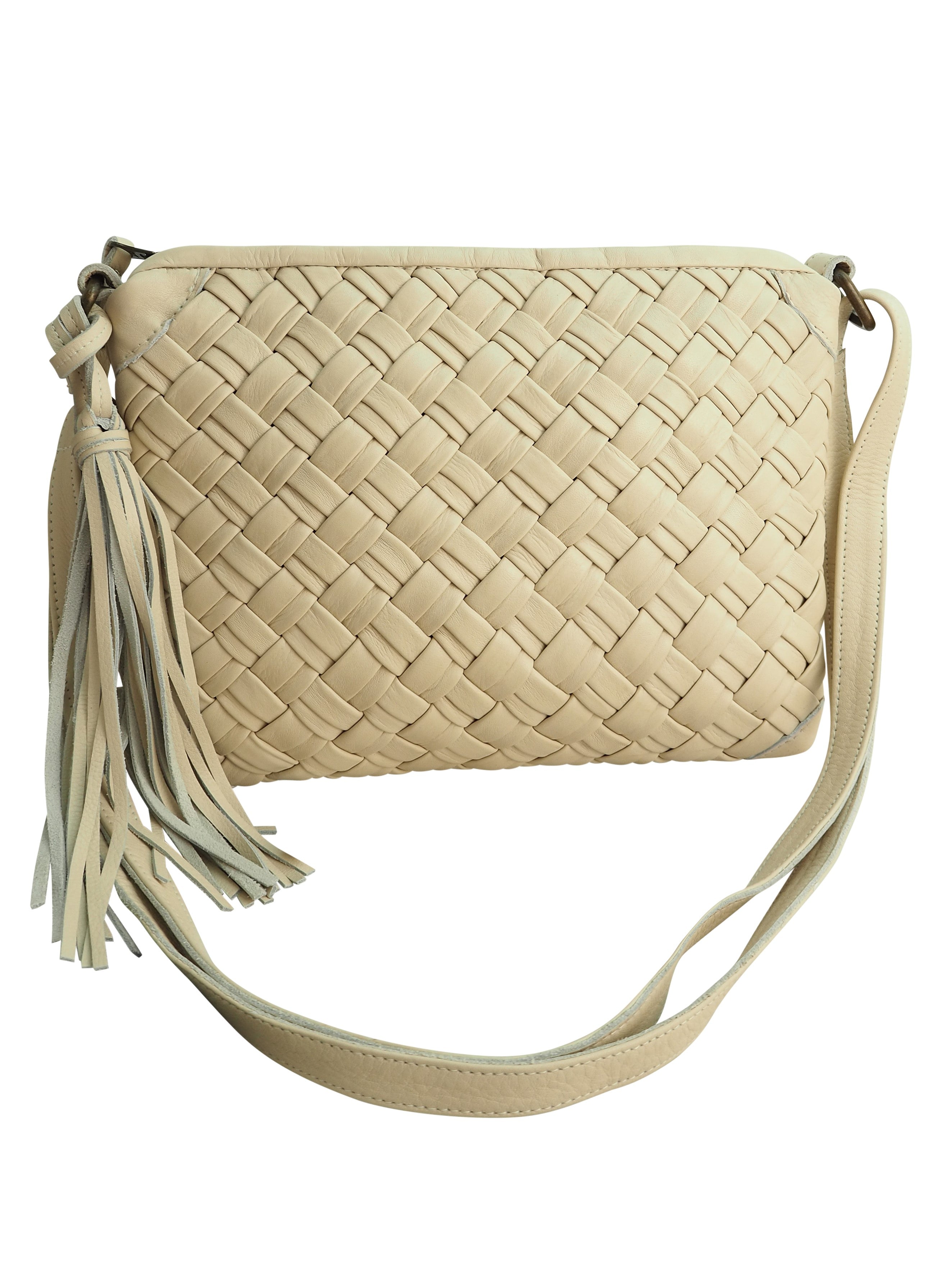 Cadelle Diane cream leather crossbody bag with woven front detail front view