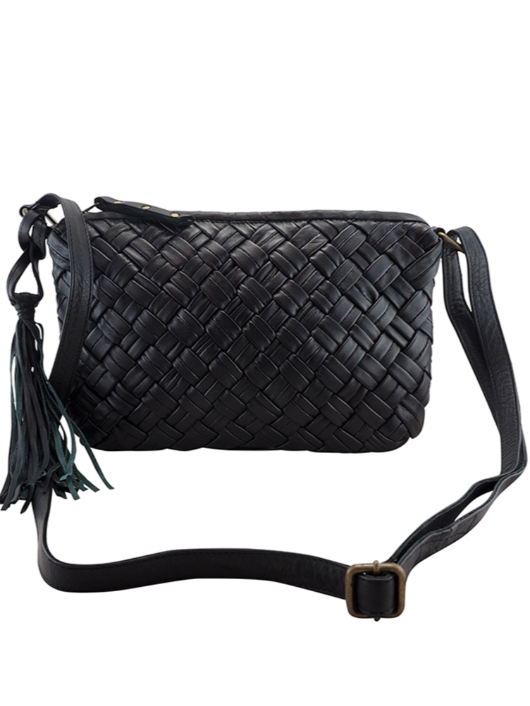 Cadelle Diane black woven leather crossbody bag with adjustable crossbody  strap and  detachable  tassel  
