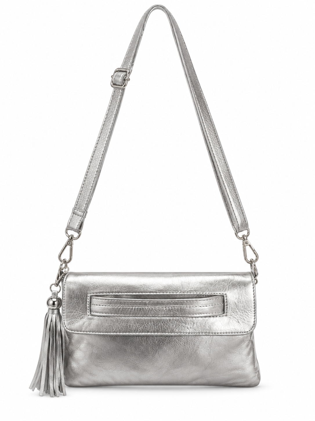 Cadelle Harriet silver metallic clutch with detachable strap and tassel