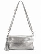 Cadelle Harriet silver metallic clutch with detachable strap and tassel