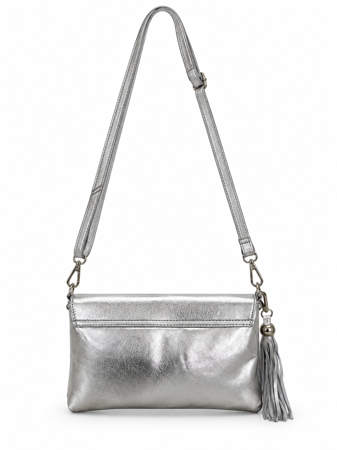 Cadelle Harriet silver metallic clutch with detachable tassel and crossbody- back view