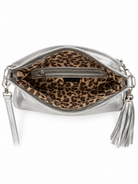 Cadelle silver metallic leather clutch internal view with leopard lining