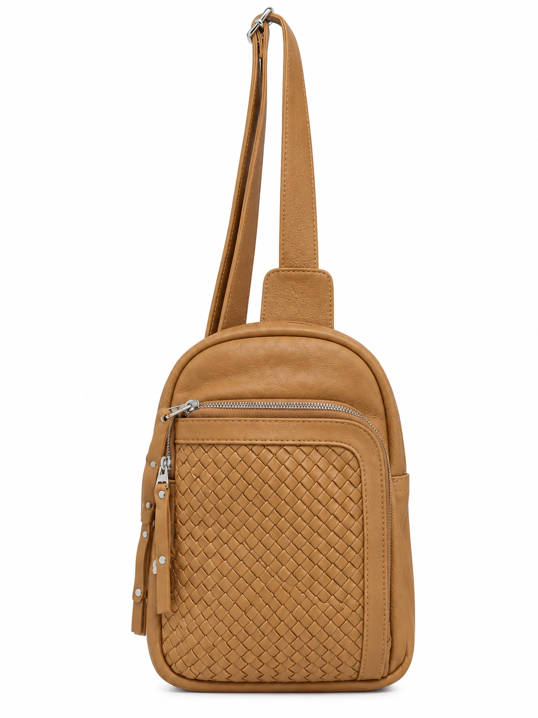 Cadelle Karissa camel leather slingbag with woven front pocket and silver hardware