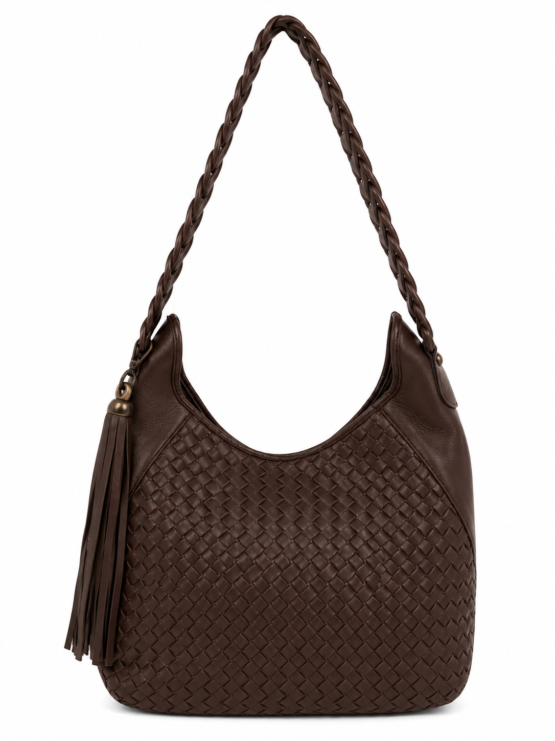 Chocolate leather shoulder bag with front weaving detail