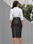 Cadelle Lillie black leather pencil skirt back view with split and exposed metal gold zip