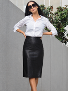 Cadelle Lillie black leather pencil skirt that sits just below the knee
