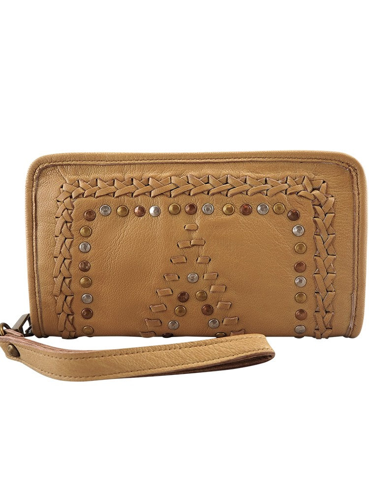 Camel leather Mila wallet with stitch and stud detail on the front