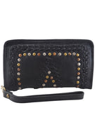 Black leather Mila wallet with stitch and stud detail on the front