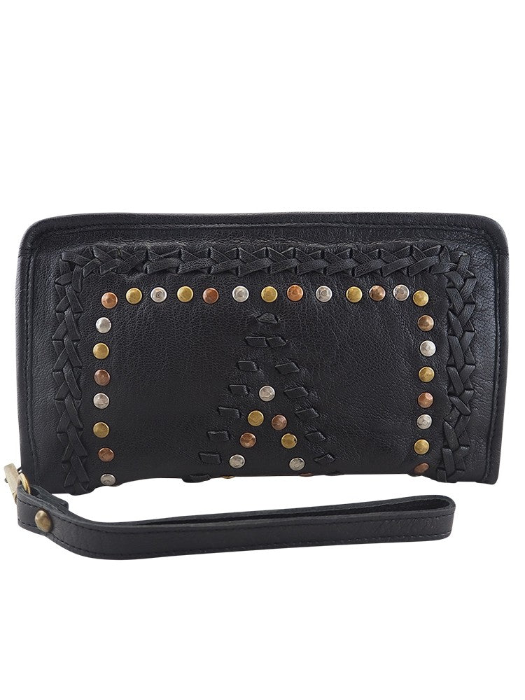 Black leather Mila wallet with stitch and stud detail on the front