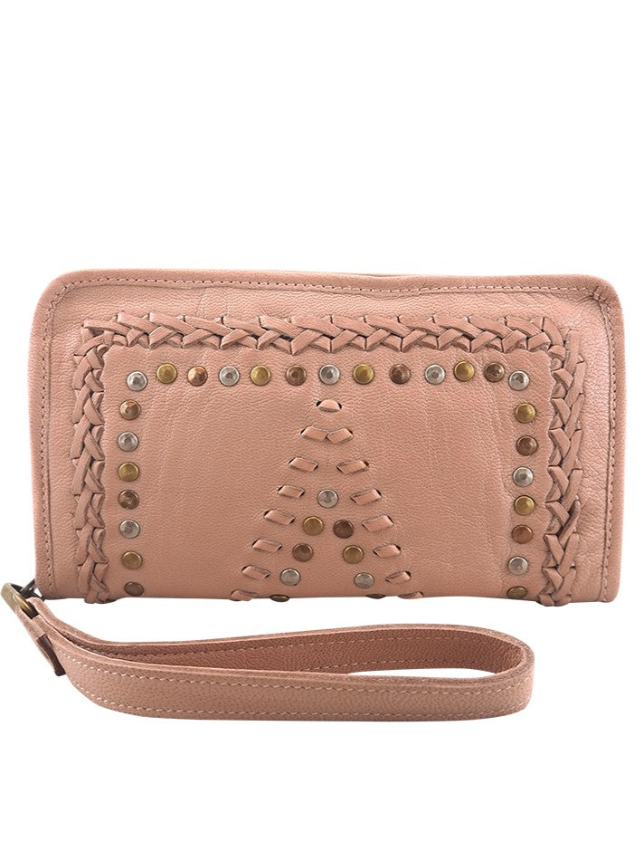 Mila Misty rose leather wallet with stitch and stud detail by Cadelle Leather