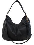 Black leather handbag with a tassel, handle and crossbody