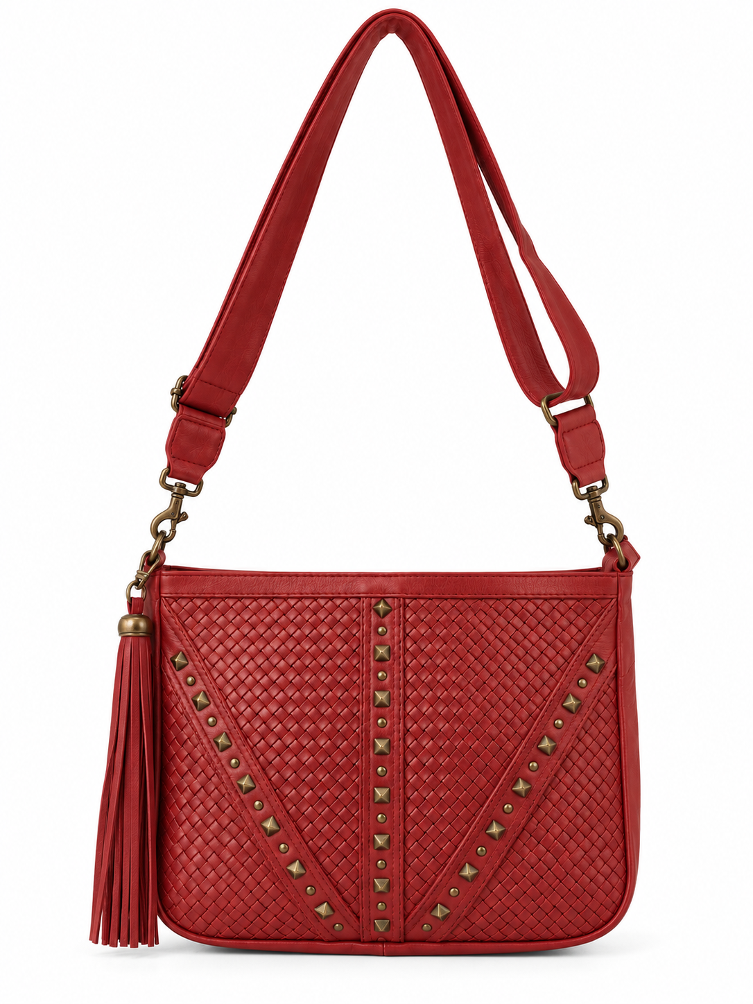 Cadelle Maria red leather crossbody bag with woven front highlighted with studs and plait detailing,  adjustable strap and a removeable tassel
