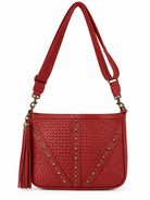 Cadelle Maria red leather crossbody bag with woven front highlighted with studs and plait detailing,  adjustable strap and a removeable tassel