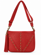 Cadelle Maria red leather crossbody bag with woven and stud detailing on the front