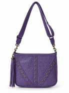 Cadelle Maria violet leather crossbody  bag with  adjustable strap and woven front that is highlighted with studs and plait detailing