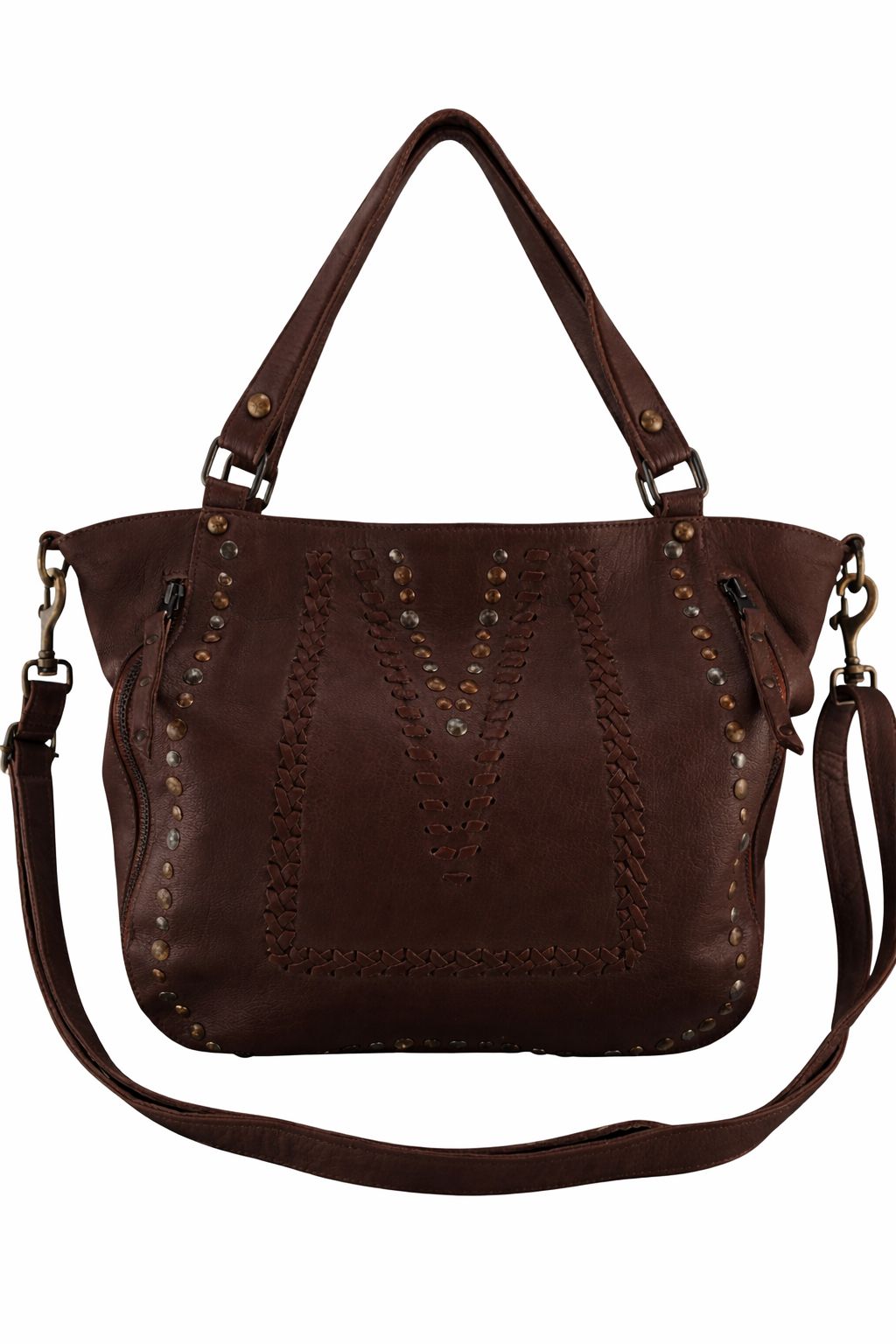 Chocolate brown leather handbag with stud and stitch on the front
