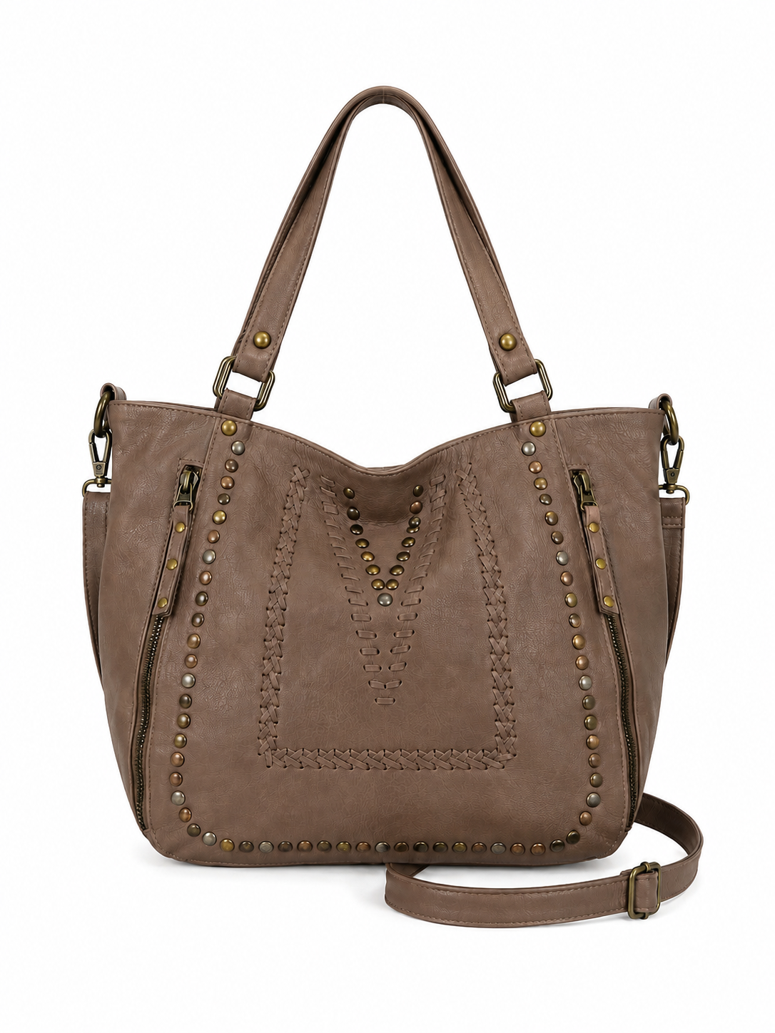 Mila truffle leather stitch and stud detail shopper