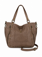 Mila truffle leather stitch and stud detail shopper