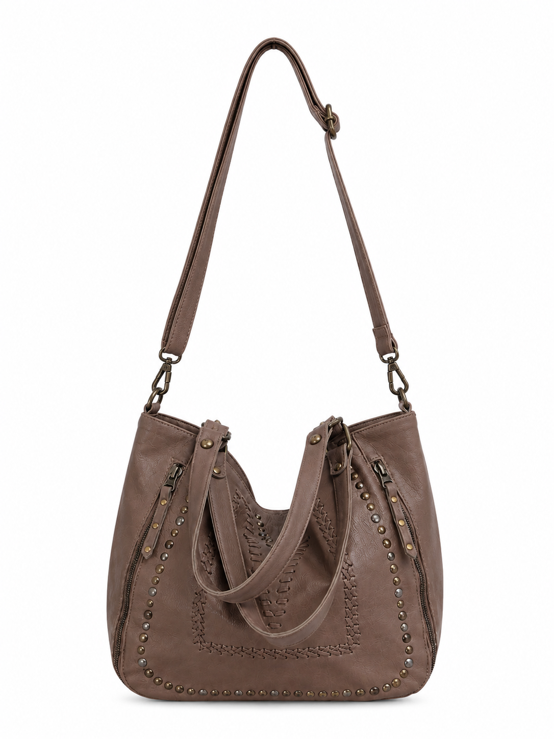 Mila truffle leather shopper with double handles and crossbody strap