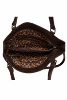 Chocolate leather Mila handbag inside with leopard print lining