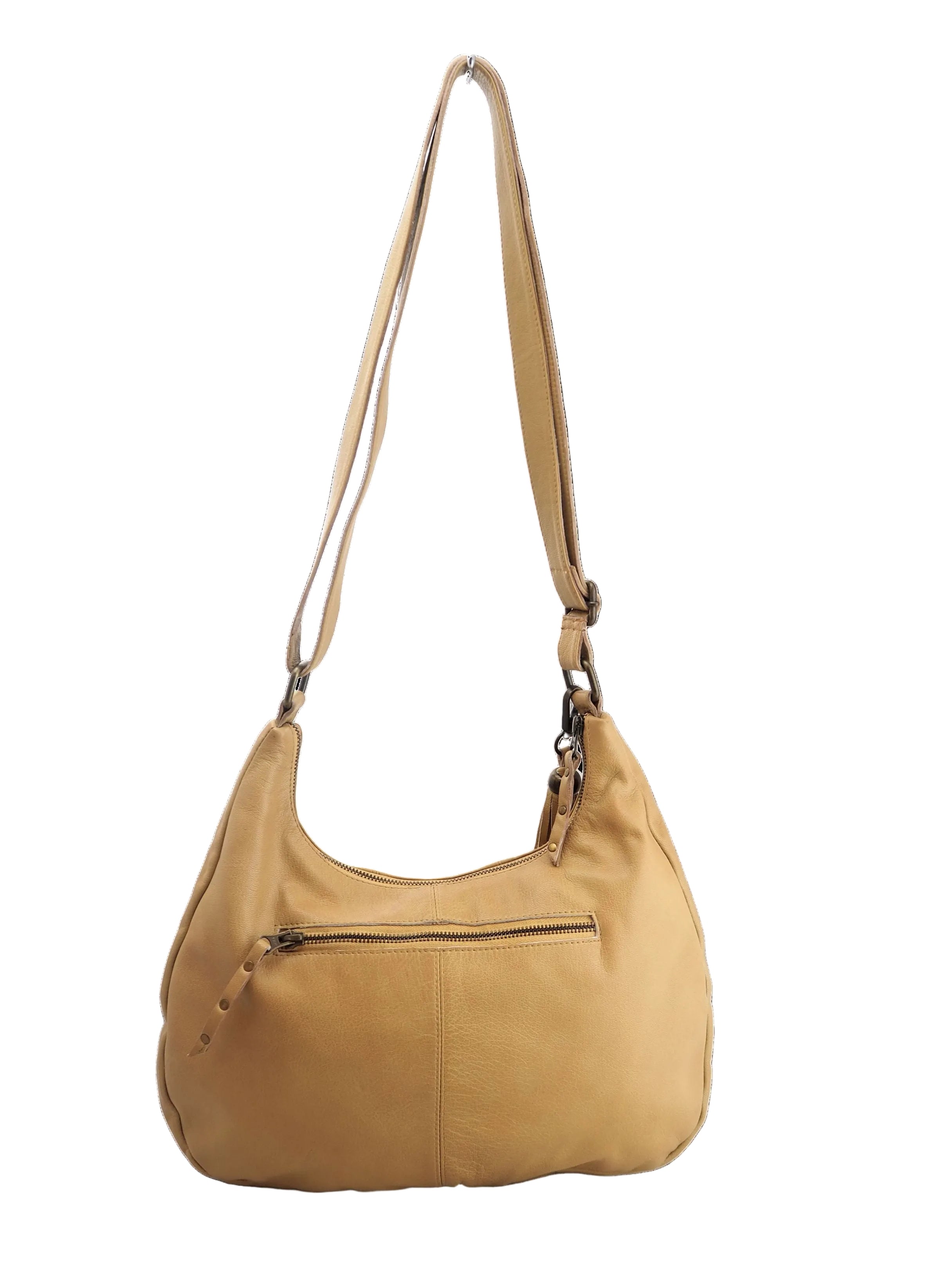 Camel leather handbag  with zip pocket, back view