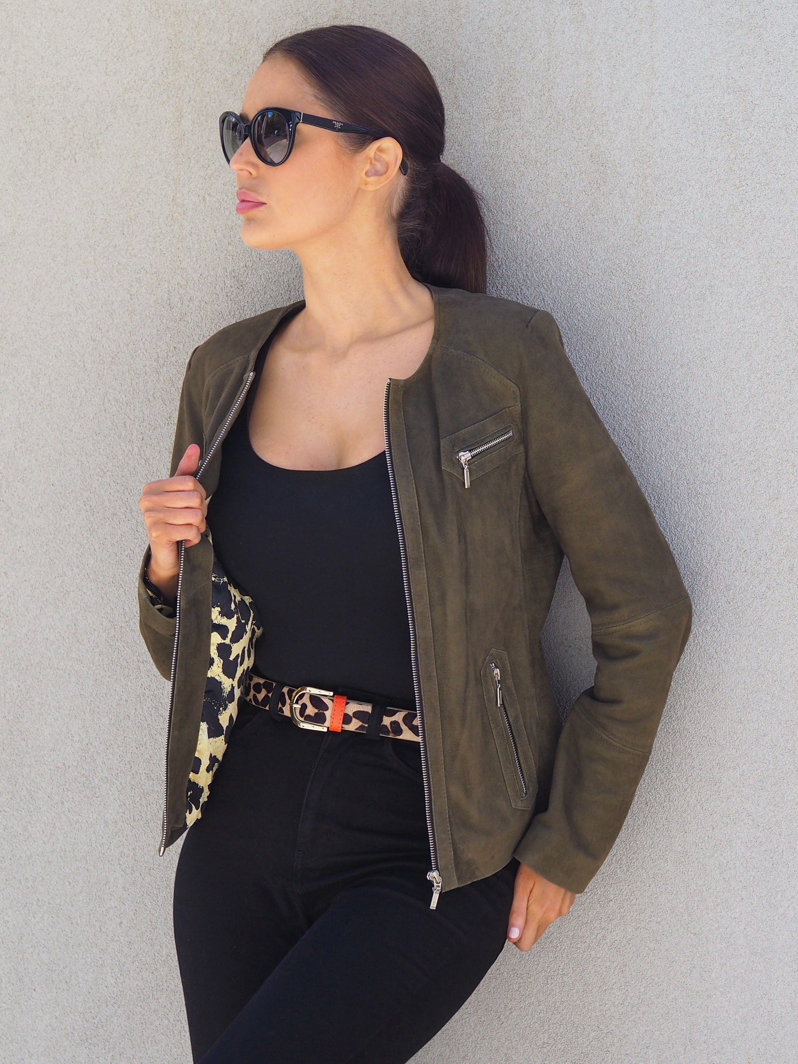 Cadelle New York olive suede leather jacket with zip pockets side view