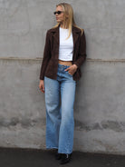 Cadelle Valentina chocolate suede blazer with button front and tailored fit front view
