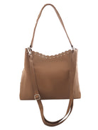 Mocha chocolate  handbag with scallop edges and silver studs