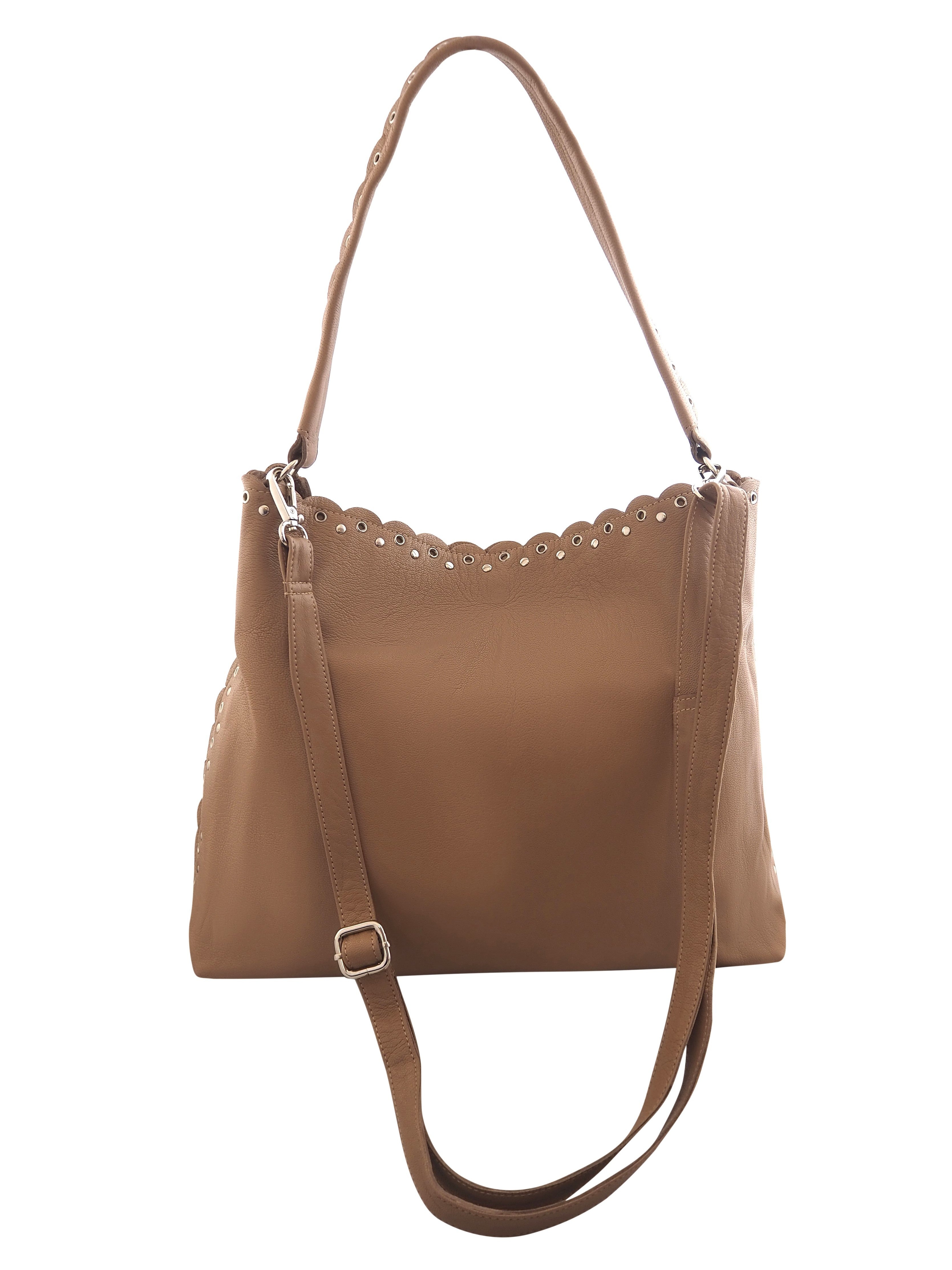 Mocha chocolate  handbag with scallop edges and silver studs