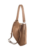 side view of mocha chocolate handbag with silver stud detail